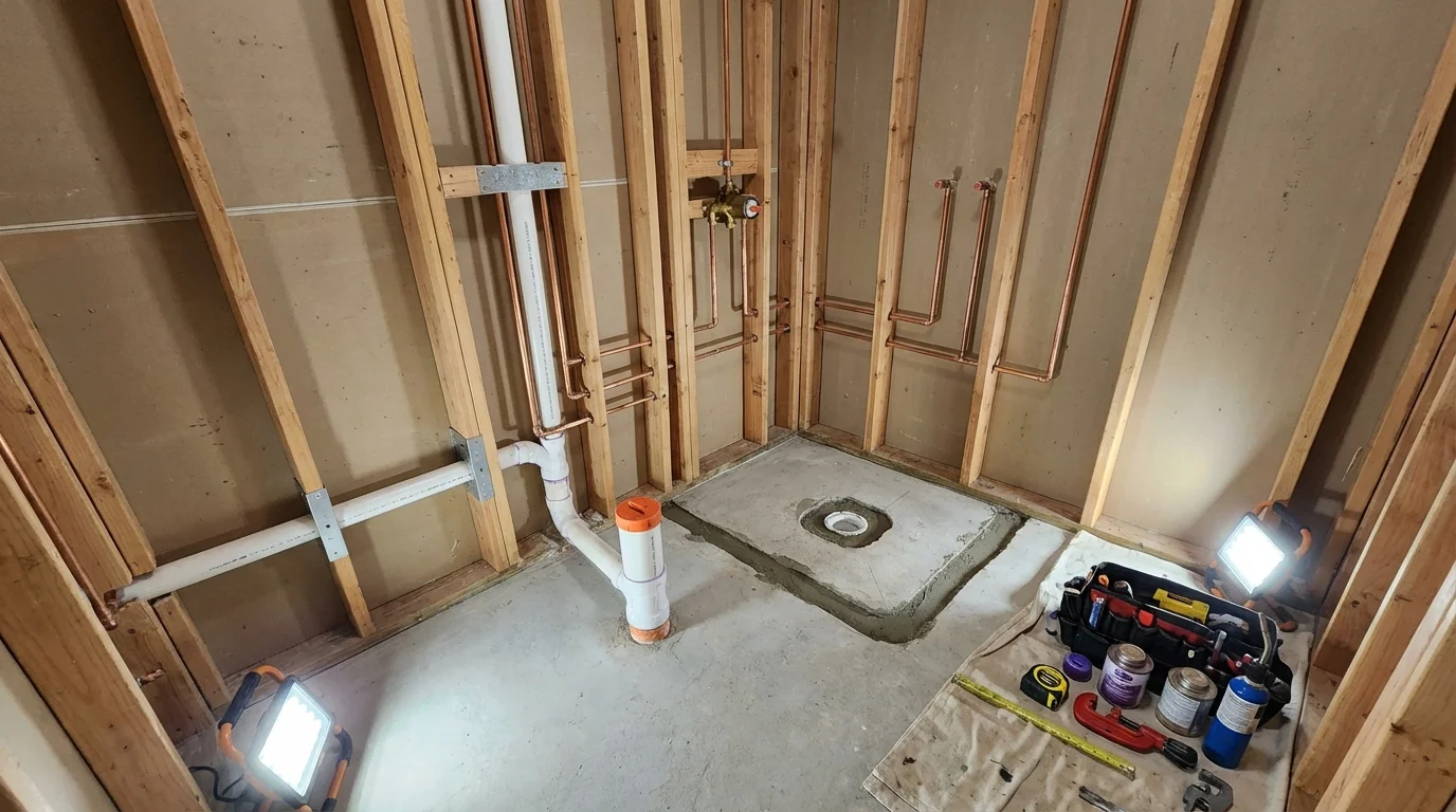 Bathroom rough-in plumbing during remodel by Johns Plumbing LLC in Cactus