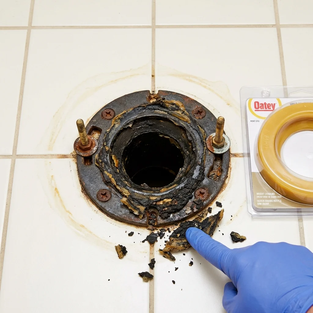 Failed wax ring showing water seepage at the base of a toilet in a Cactus, TX home